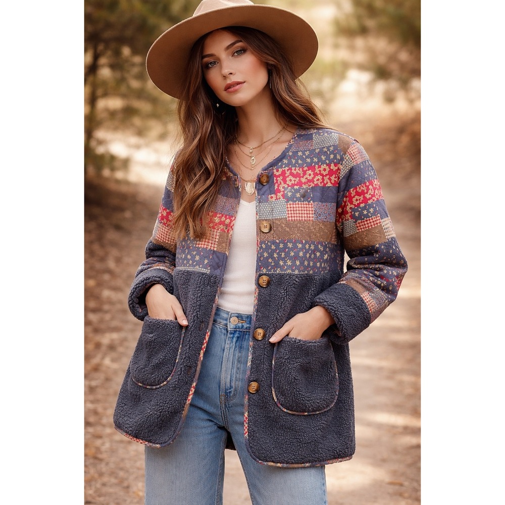 GIGIO USA Patchwork Quilted Sherpa Jacket – Cottagecore Boho Button Front Size M